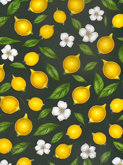 リアルなレモン全体の葉とニュートラル カラー パレットを示す花柄の背景