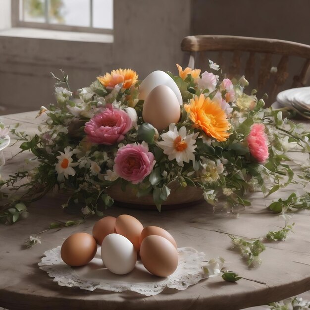 Floral and painted eggs circle on table