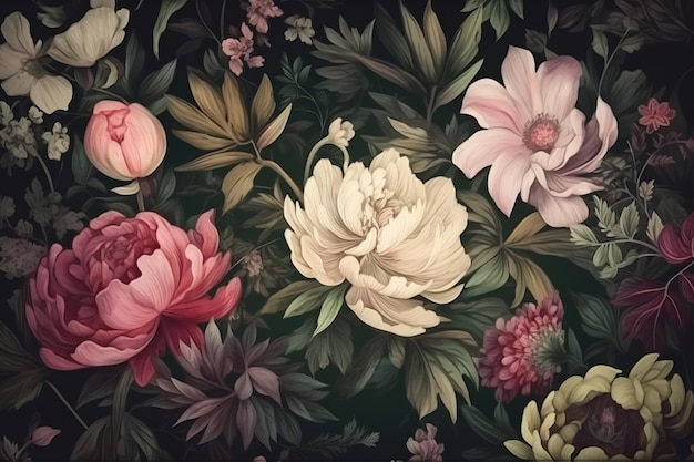 A floral painting with a black background and a pink flower.