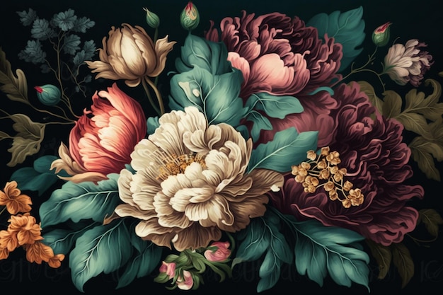 A floral painting with a black background and a red flower on the left.