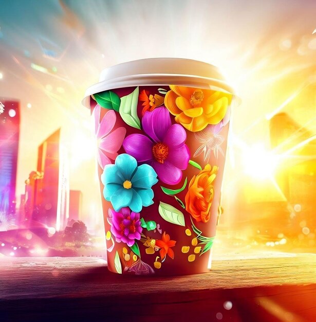 The floral paper cup of coffee