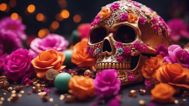 Floral paradise intricate skull surrounded by vibrant flowers and delicate beads