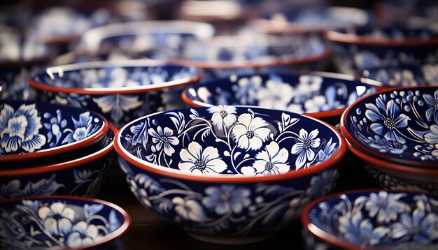 Floral pattern adorns ornate earthenware bowl a cultural souvenir generated by artificial intelligence