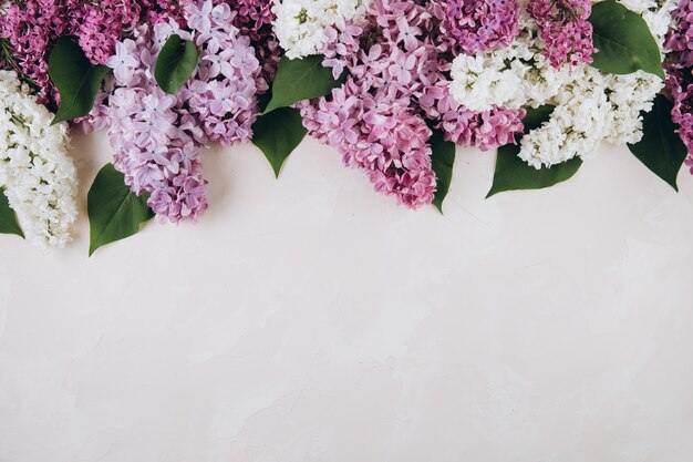 Floral pattern of a branch of lilac on a trendy stone pink background