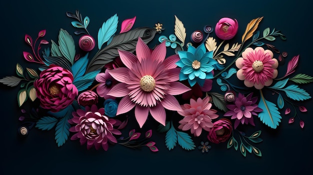 floral pattern of flowers and leaves on a dark background