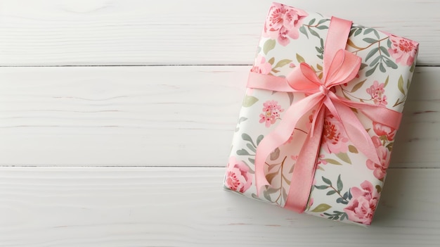 Подарочная коробка с цветочным рисунком, привязанная розовой лентой на белом деревянном фоне