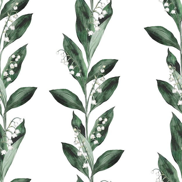 Floral pattern spring lily of the valley Watercolor seamless background flowers Cute Print for textile design or wallpaper Hand drawn texture with flowers buds leaves and stems