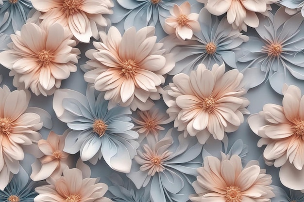 floral pattern white chrysanthemum flowers blue and beige color