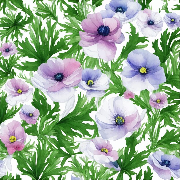A floral pattern with anemones on a white background
