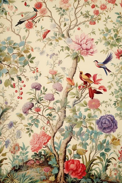 a floral pattern with a bird and flowers on it