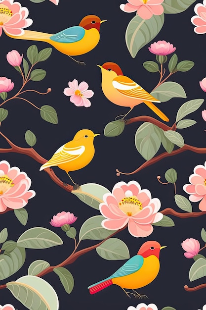 цветочный рисунок с птицами на темном фоне.