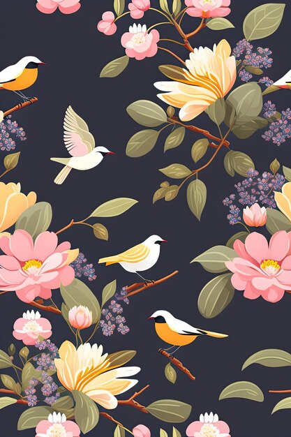 a floral pattern with birds and flowers.