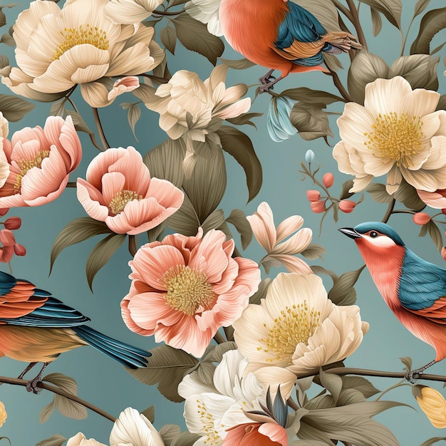 a floral pattern with birds and flowers.