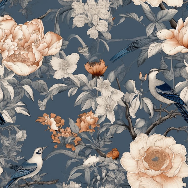 A floral pattern with a blue bird on a branch with a white bird on it.