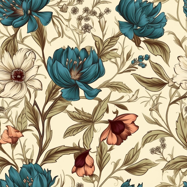 A floral pattern with blue flowers and a fly on a beige background.