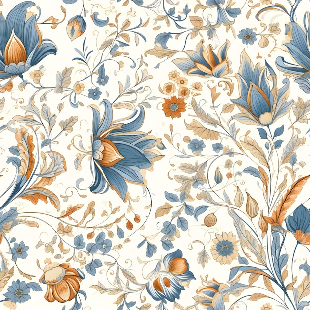 Photo a floral pattern with blue and orange flowers and leaves.