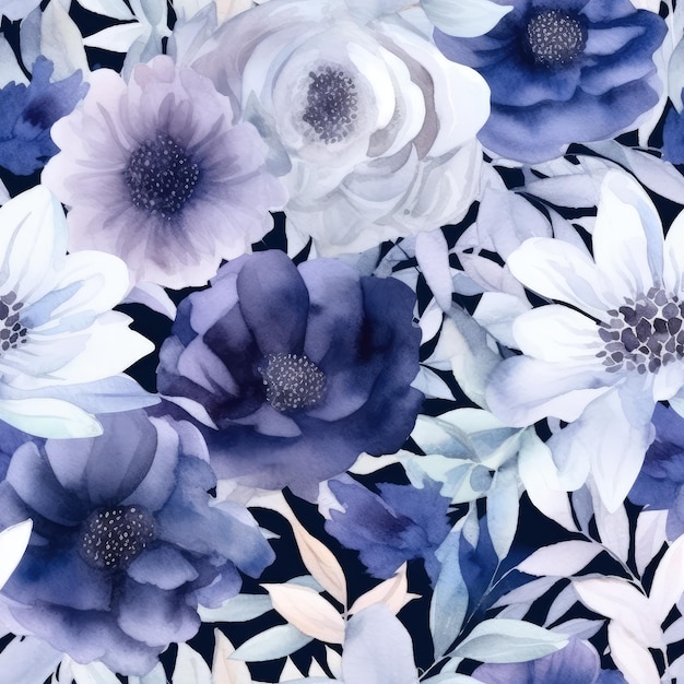 A floral pattern with blue and purple flowers.