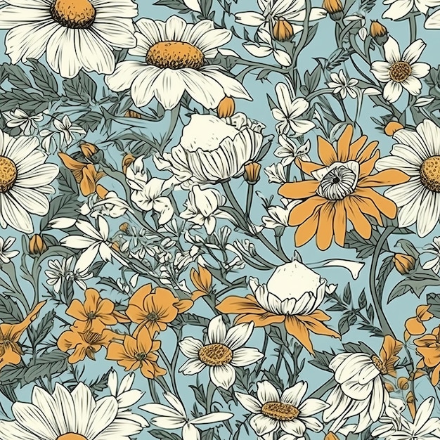 A floral pattern with daisies and other flowers.