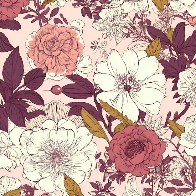 Floral pattern with decorative flowers and plants AI