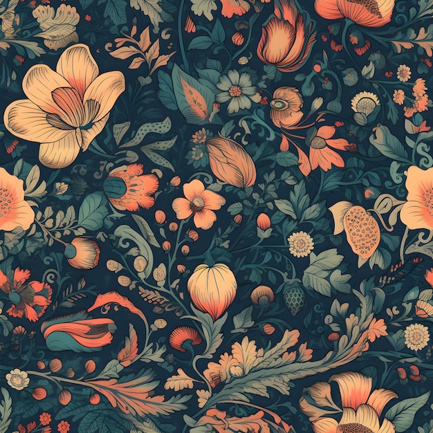 A floral pattern with flowers and berries on a dark background.