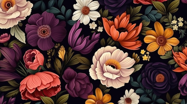 Floral pattern with flowers on a dark background.