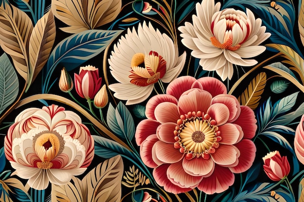 A floral pattern with flowers and leaves on a black background.