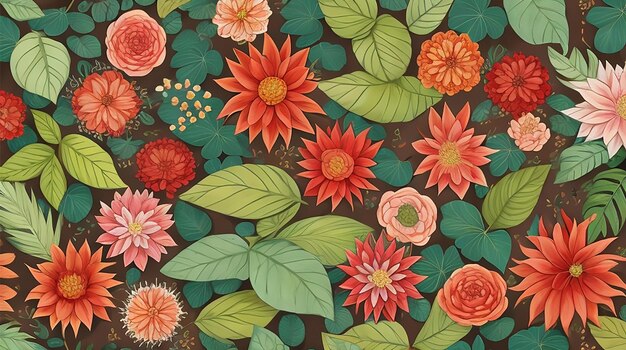 A floral pattern with flowers and leaves on a brown background.