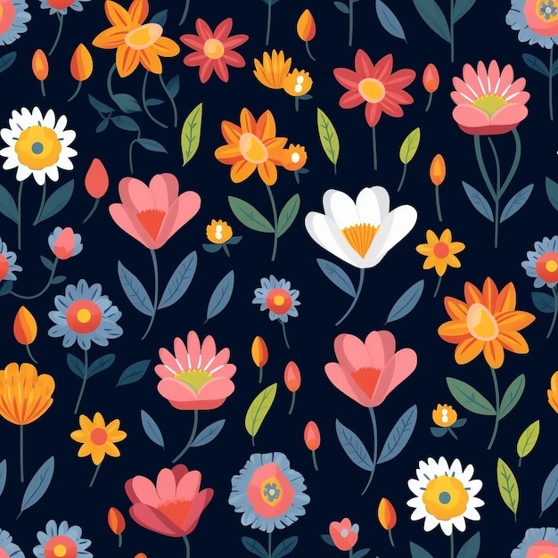 A floral pattern with flowers and leaves on a dark background.
