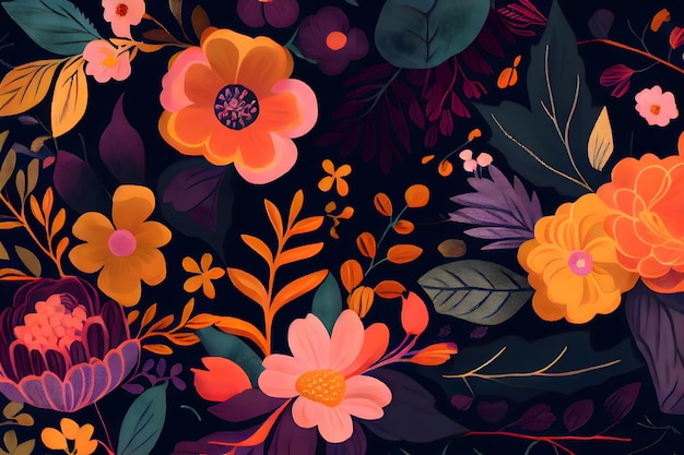 Цветочный узор с цветами и листьями на темном фоне.