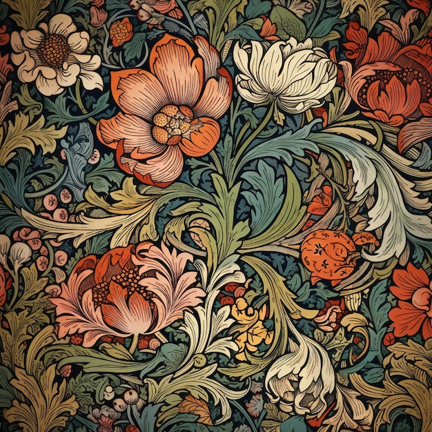 A floral pattern with flowers and leaves