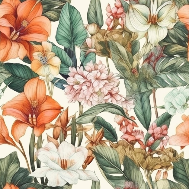 A floral pattern with flowers and leaves.