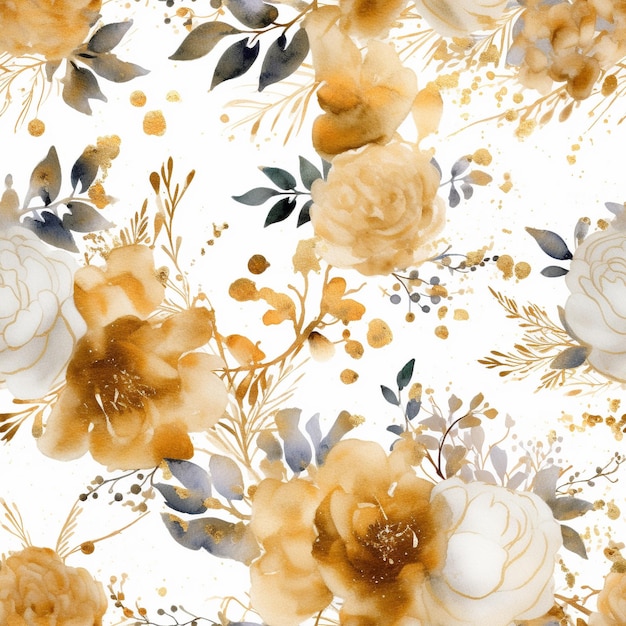 A floral pattern with gold and brown flowers and leaves.