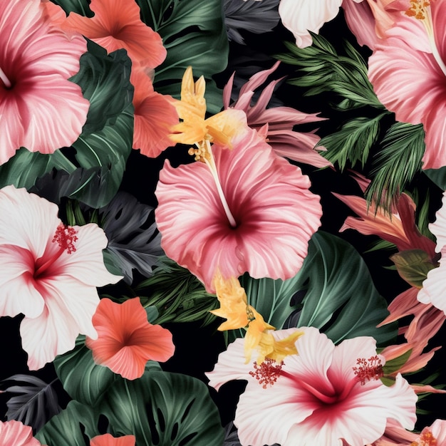 A floral pattern with hibiscus flowers on a black background.