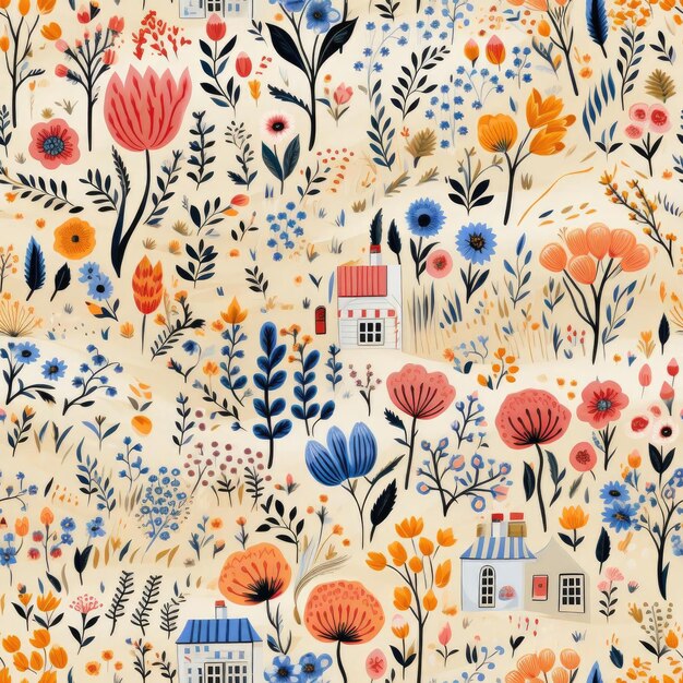 Floral pattern with houses flowers and cottages in warm colors tiled