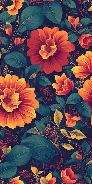 A floral pattern with leaves and flowers generative ai