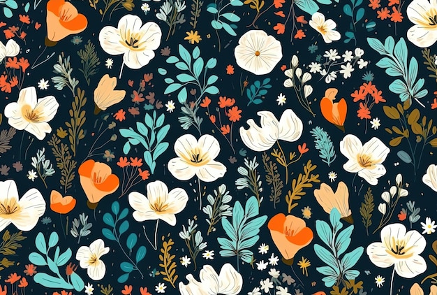 floral pattern with a lot of flowers in the style of light orange and teal