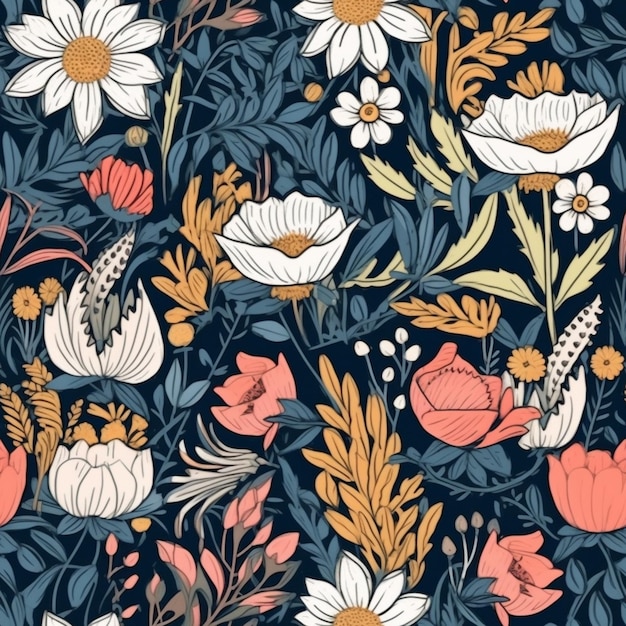 a floral pattern with many different flowers and leaves generative ai