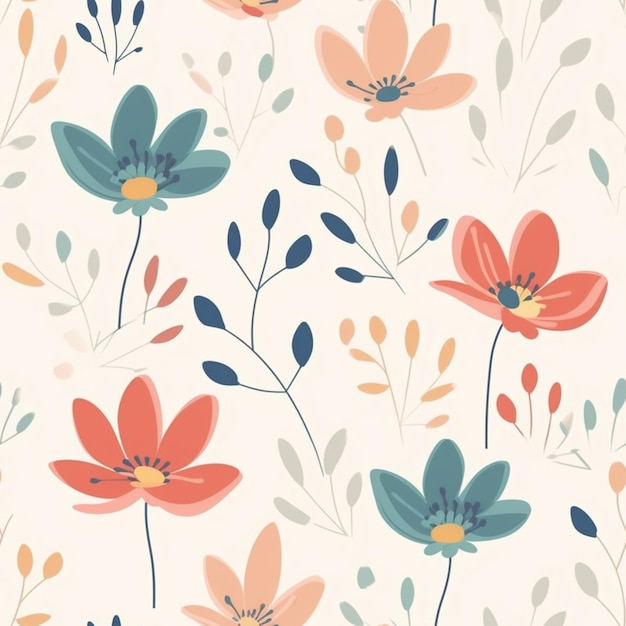 A floral pattern with orange and blue flowers on a beige background.