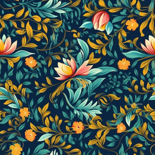 a floral pattern with orange and blue flowers on a dark background generative ai