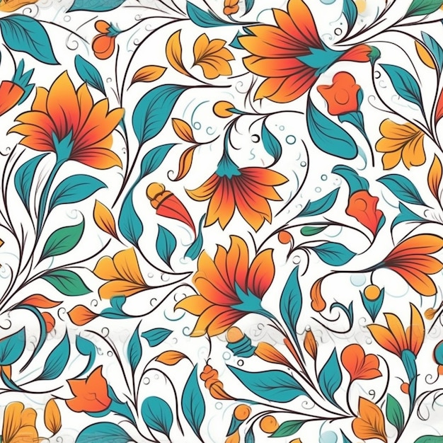 Photo a floral pattern with orange and blue flowers on a white background generative ai