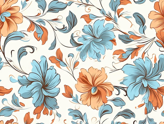 Floral pattern with orange and blue flowers on a white background with swirls and leaves on background