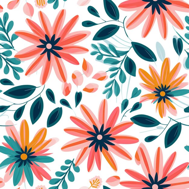 A floral pattern with orange blue and yellow flowers