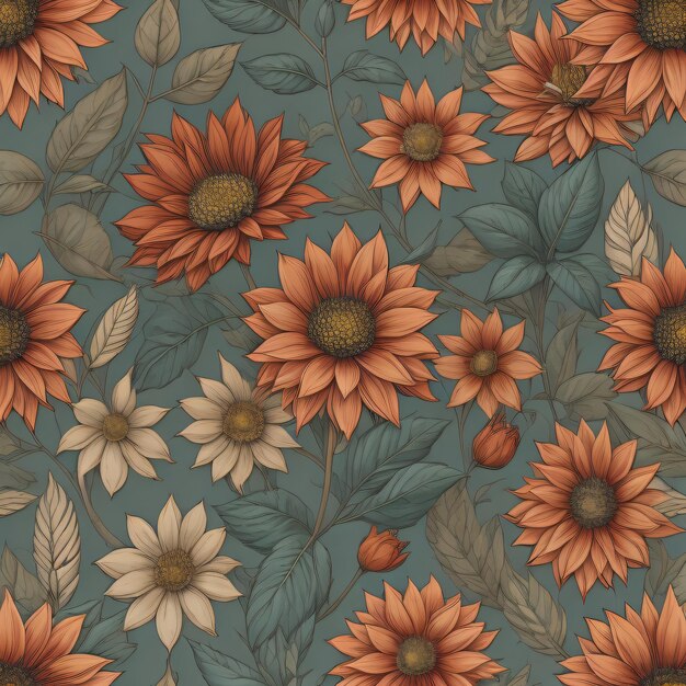 a floral pattern with orange flowers and leaves.