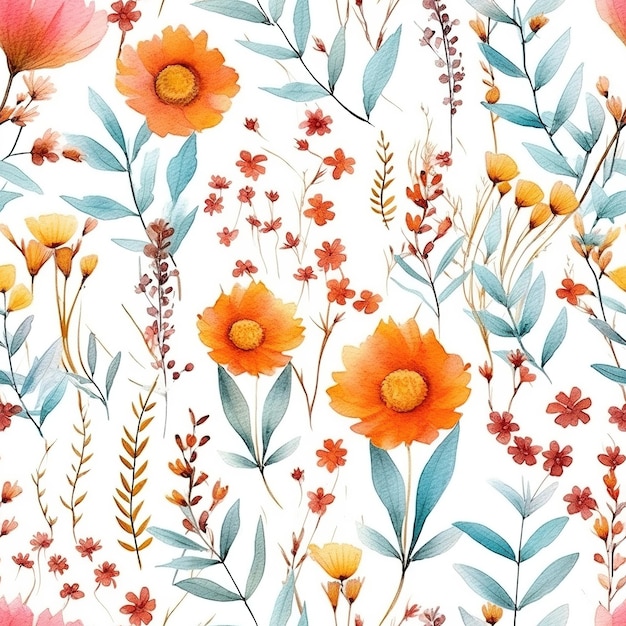 주황색 꽃과 잎이 있는 꽃무늬.