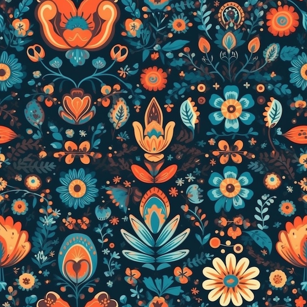 A floral pattern with orange flowers and leaves.