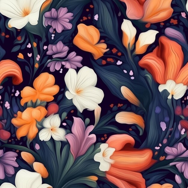어두운 배경에 주황색과 보라색 꽃이 있는 꽃무늬.