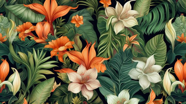 A floral pattern with orange and white flowers and leaves.