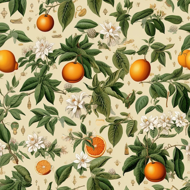 Photo a floral pattern with oranges and green leaves on a floral background