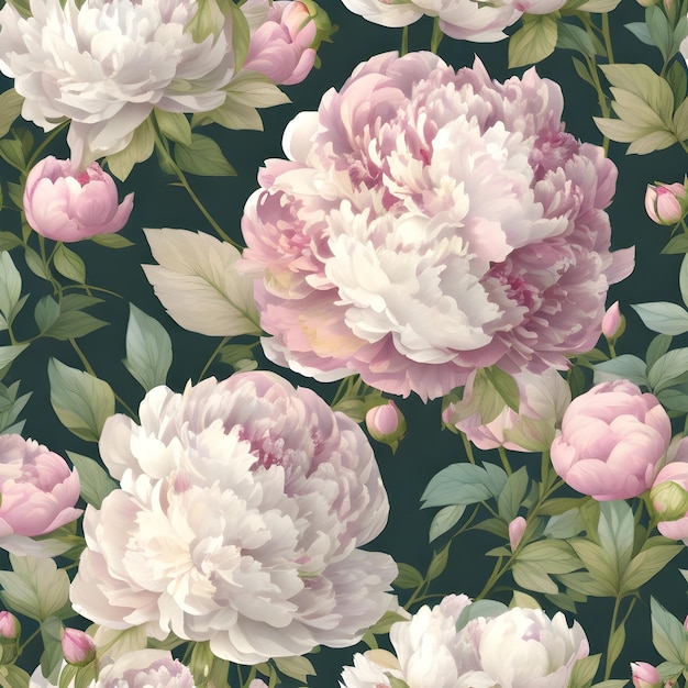 A floral pattern with peonies and leaves.