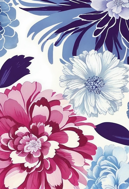 A floral pattern with pink and blue flowers.